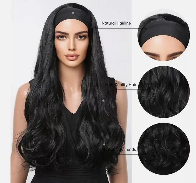 Peruca Ondulada Longa Onda Natural para Mulheres, Headband Preto