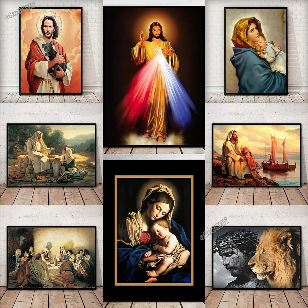 

Luminous Jesus Wall Art Pictures Virgin Mary Holding Jesus Canvas Painting Christianity Jesus Posters for Living Room Home Decor