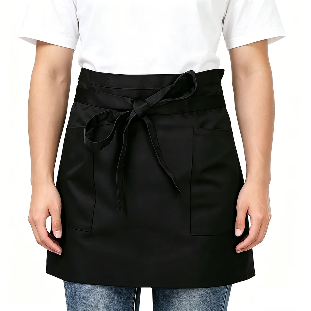 New Unisex Short Half Waist Apron Breathable Black Waiter Half Waist Apron Cotton Cloth Black Short Apron Chef