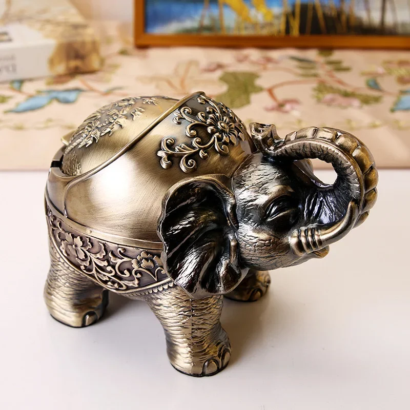 Windproof Retro Ashtray with Lid-Elephant Shaped Table Ashtray Indoor and Outdoor Retro Home Office Decoration Smokeless Ashtray