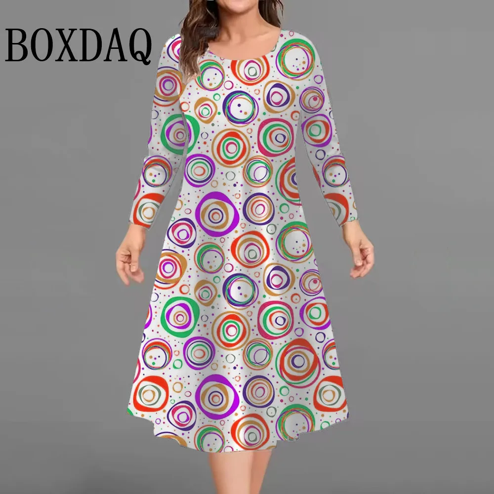 فساتين مطبوعة ثلاثية الأبعاد على شكل دائرة ملونة للنساء 2025 موضة حجم كبير فستان على شكل حرف a للخريف ملابس فضفاضة غير رسمية بأكمام طويلة 9XL