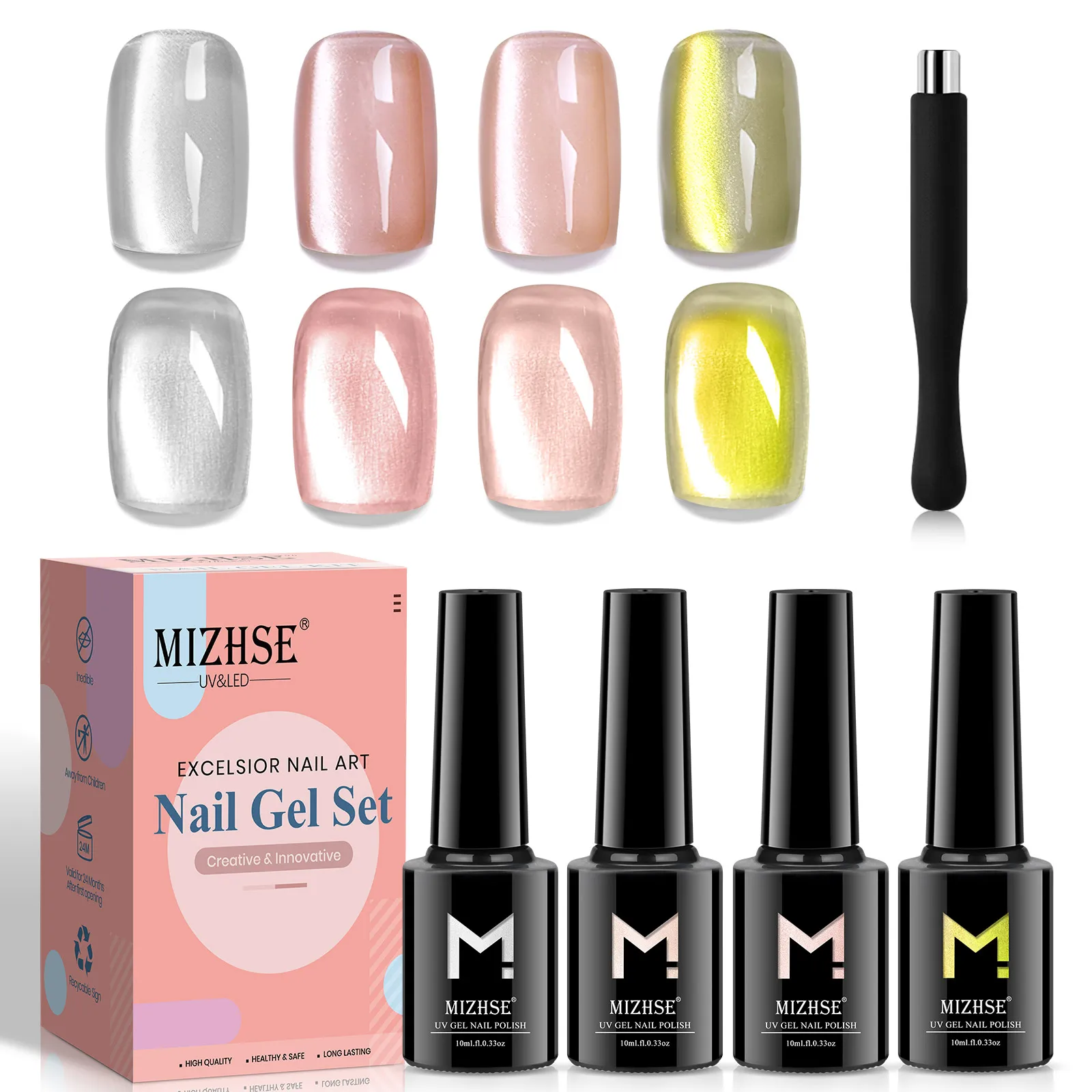 MIZHSE 10ml Cat Eye Gel Polish For Nail Magnetic 4 Colors Shimmer Crystal Cateye Gel with Magnet for Home Salon DIY Nail Artil A