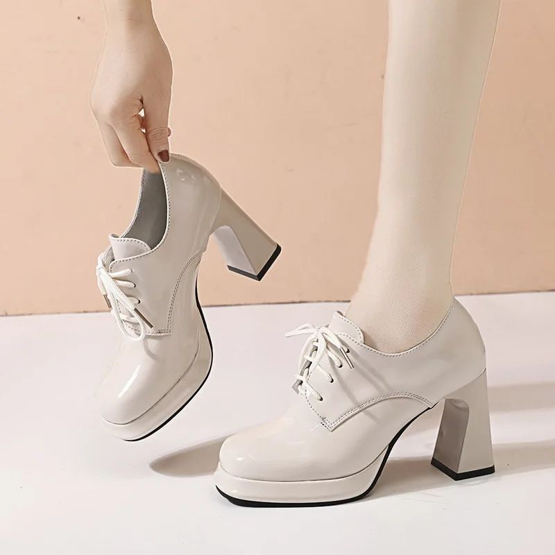 2024 New Square Head Lace-up Waterproof Platform High Heels Deep Mouth Single Shoes Women Thick Heels Thick Sole Women's Shoes