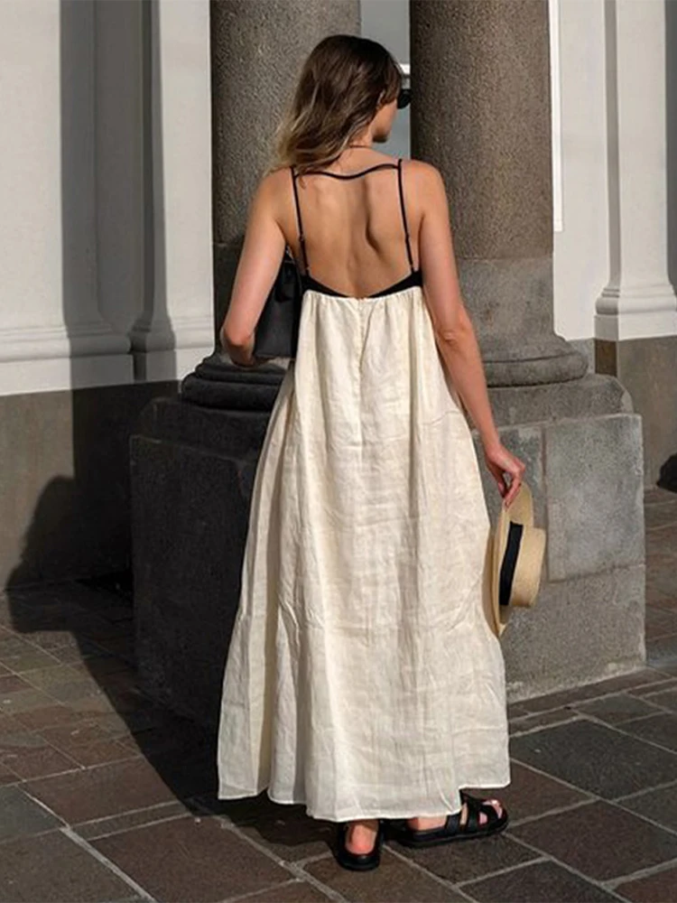 Contrast Sling Dress Women Elegant Backless Patchwork Loose Robe Female 2024 Summer Sleeveless A Line High Waist Dresses Lady