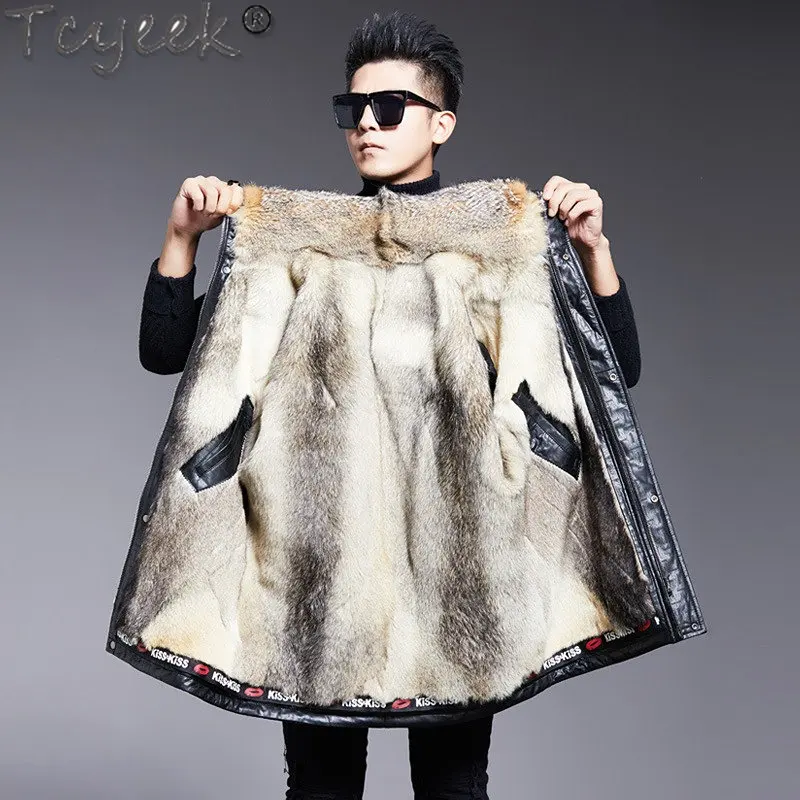 

Tcyeek Winter Real Wolf Fur Liner Coat Men Sheepskin Genuine Leather Jacket Mens Clothing Warm Natural Fox Fur Collar Coats Luxe