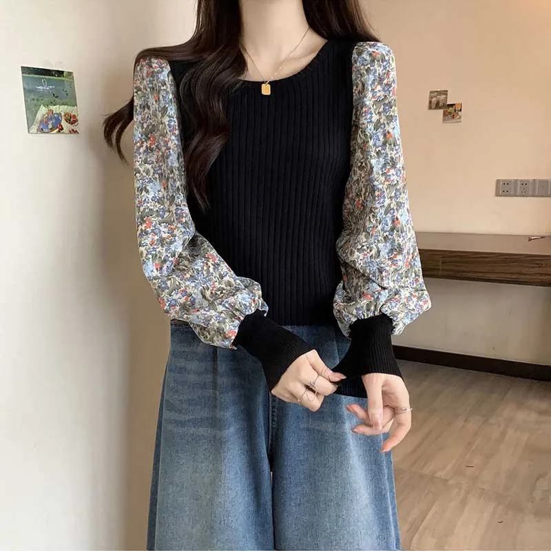 Fashion O-Neck Korean Spliced Floral Puff Sleeve T-Shirt Female Clothing 2024 Spring New Loose Casual Tops All-match Tee Shirt