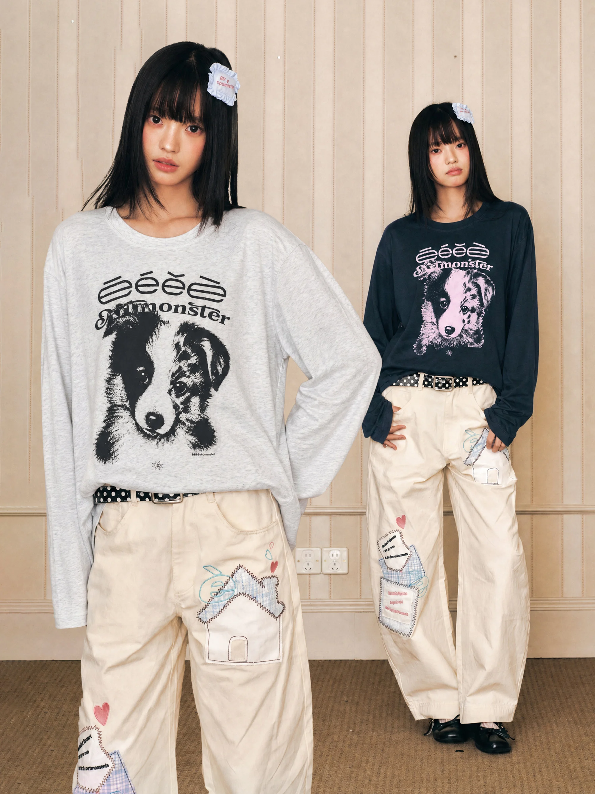 Loose Long Sleeve T-Shirt 'Border Collie Baby' Retro Print Base Layer Shirt Unisex Standard Fit round Neck Casual Comfortable