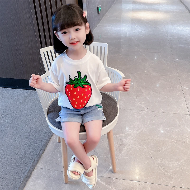 Girls Strawberry Fruit Print T-shirt Children's O-neck short sleeved All-match Casual Tops