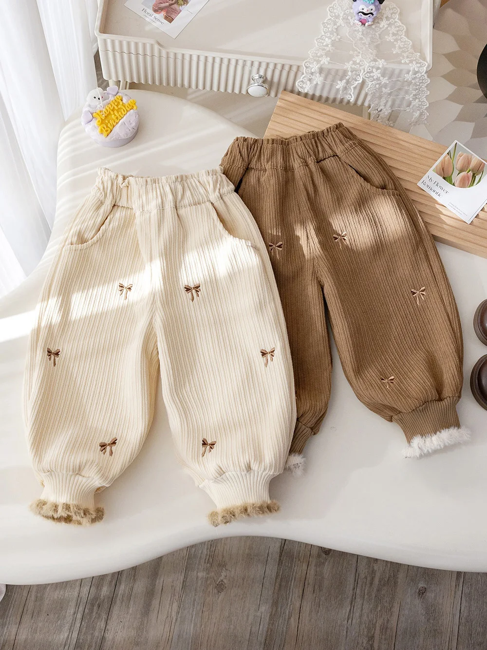 Girls Velvet Casual Pants Autumn Winter Butterfly Knot Embroidery Thick Warm Fleece Pants Baby Kids Trousers Childen Clothes