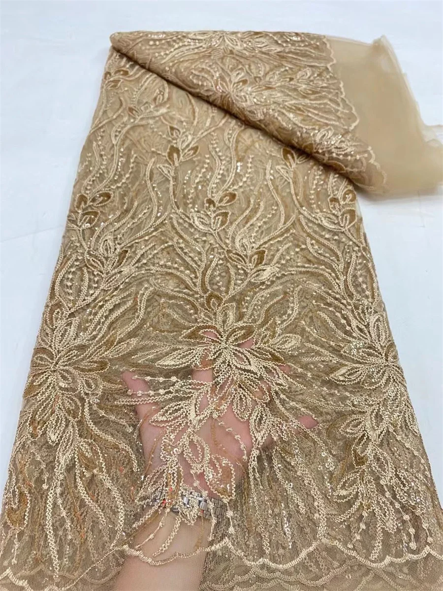 5Yards African Gold Lace Fabric High Quality Nigerian French Embroidery Tulle Mesh Material Tissu Africain En Dentelle PN22