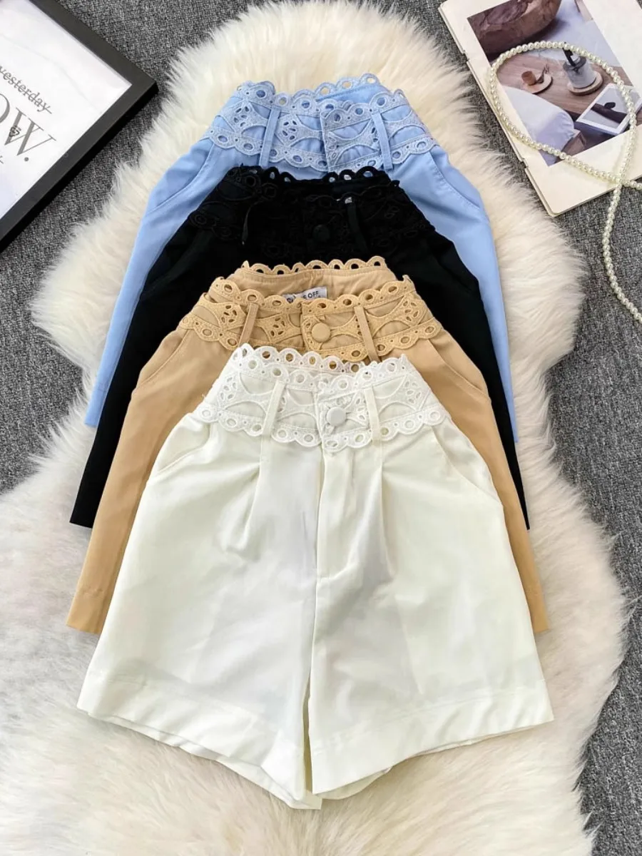 

Foamlina Fashion High Street Lace Crochet Hollow High-Rise Wide Leg Pants Women's Summer New Casual White Straight Shorts