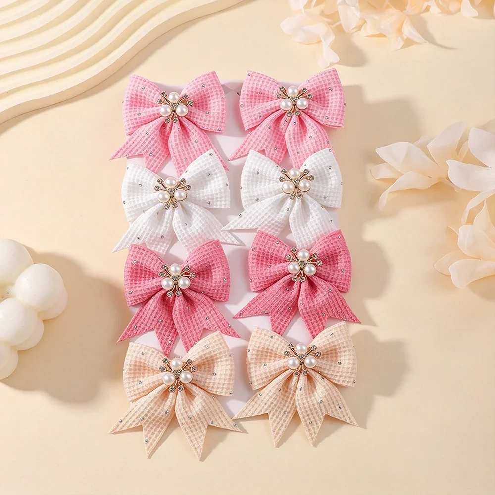 8/10 Stück Haarspangen aus Waffelstoff mit Schleife, Perlen- und Strassverzierung, Schleifenspangen für Mädchen, Haarschmuck für den Alltag und Fotoshootings