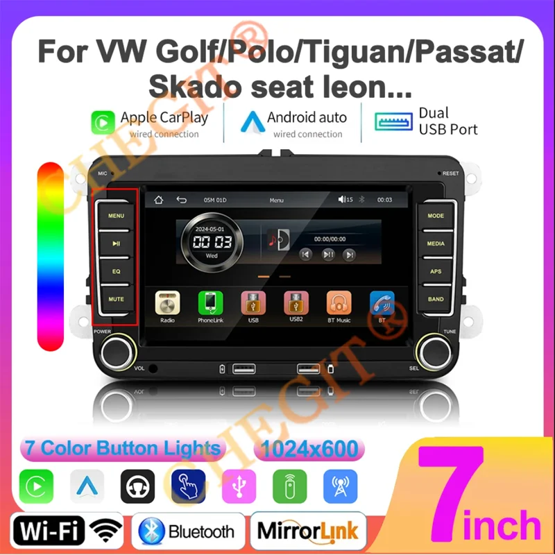 

7" 2 Din HD Car Media Video RDS Airplay Car Radio Wireless CarPlay Android Auto Stereo Audio For VW/Seat/Skoda/Passat/Golf/Polo