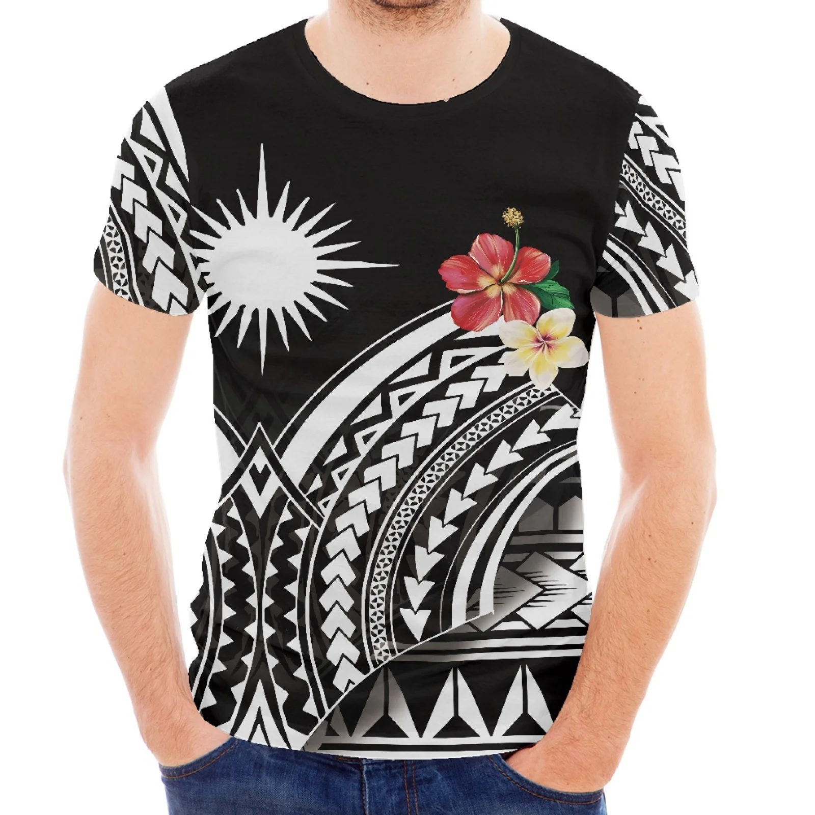 

Plumeria Design Tattoo Print Polynesia Hawaiian Personality Style New Men's Short Sleeve Fashion Slim T-Shirt Summer 2022