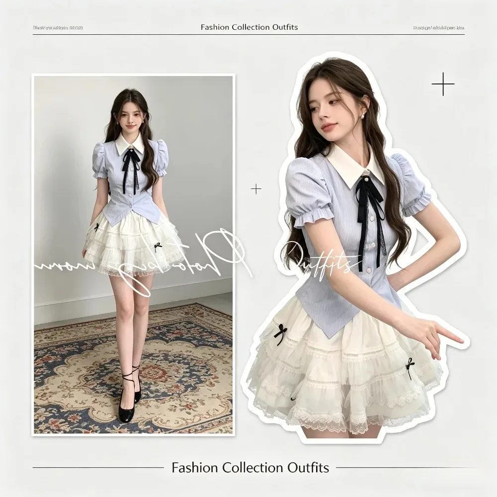 Sweet Fresh School Uniform Set, Contrast Color Polo Neck Top &High Waist Tutu Skirt, Summer Outfit for Daily Casual Campus Wear