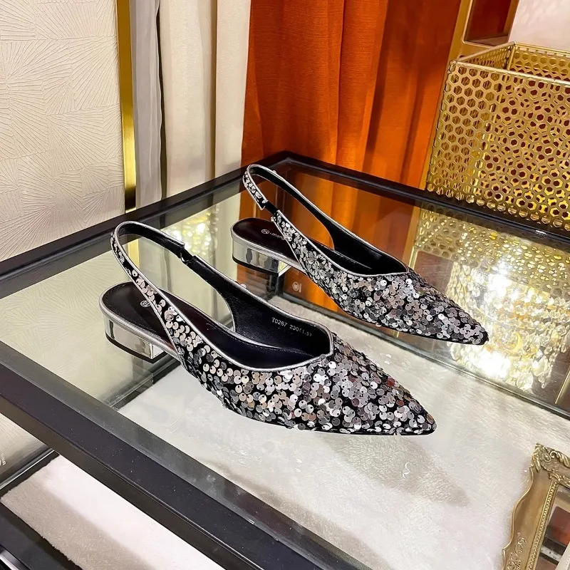 Baotou-Sandales à paillettes à bouche peu profonde pointue pour femmes, chaussures à talons optiques à semelle souple à enfiler, nouvelle mode d'automne