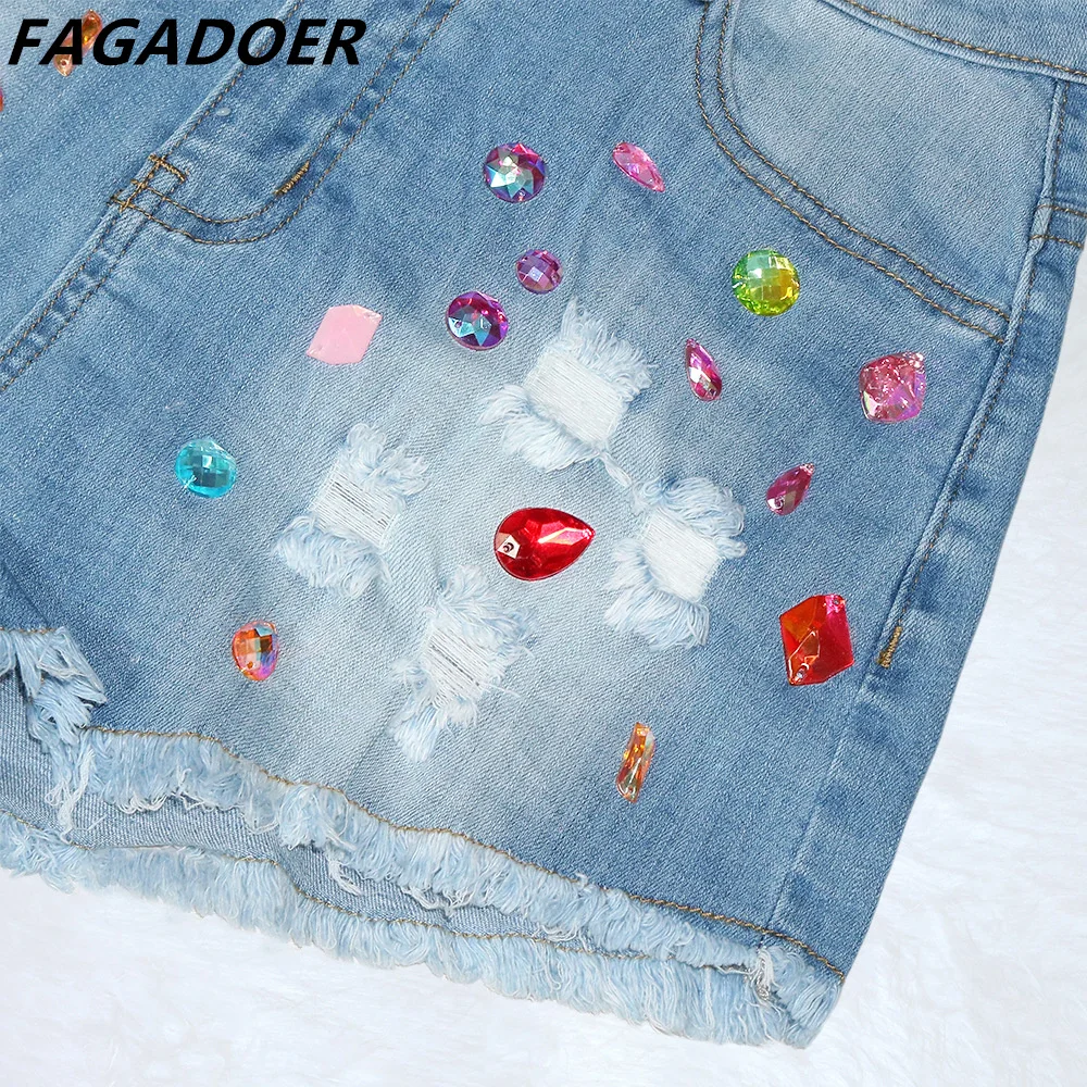 FAGADOER Fashion Colored Diamonds Tassels Denim Shorts Women High Waisted Pocket Slim Jean Casual Female Matching Bottoms 2024