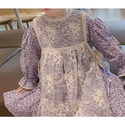 Girl's floral trumpet sleeve floral dress with lace apron, 2026 spring/summer/autumn new children's clothing