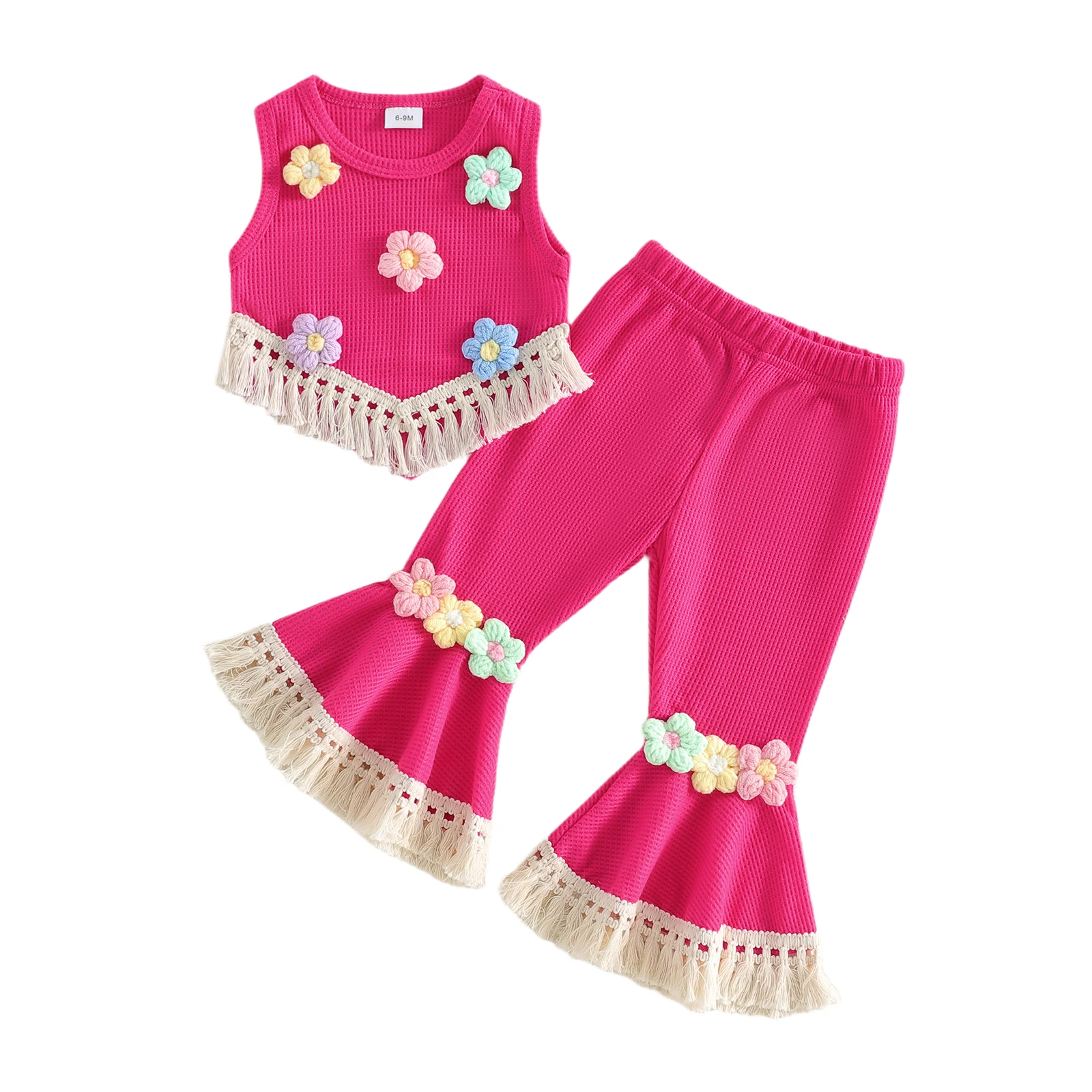 

Комплект из 2 предметов для маленьких девочек: топ без рукавов с круглым вырезом и 3D-цветочным декором, вязаный крючком, и брюки с эластичным поясом.