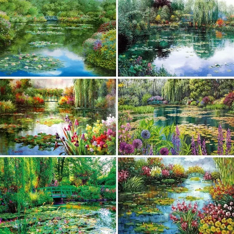 5D Diamond Painting,Water lily Monets Pond in Spring Painting, Embroidery Mosaic Landscape, Rhinestone Pictures, Home Decoration