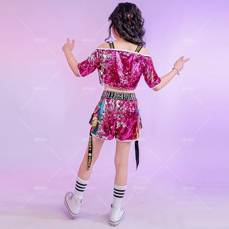 어린이 글리터 퍼플 레드 글리터 짧은 탑 투피스 세트, 어린이 패션 스트리트 무대 공연 의류, 신제품