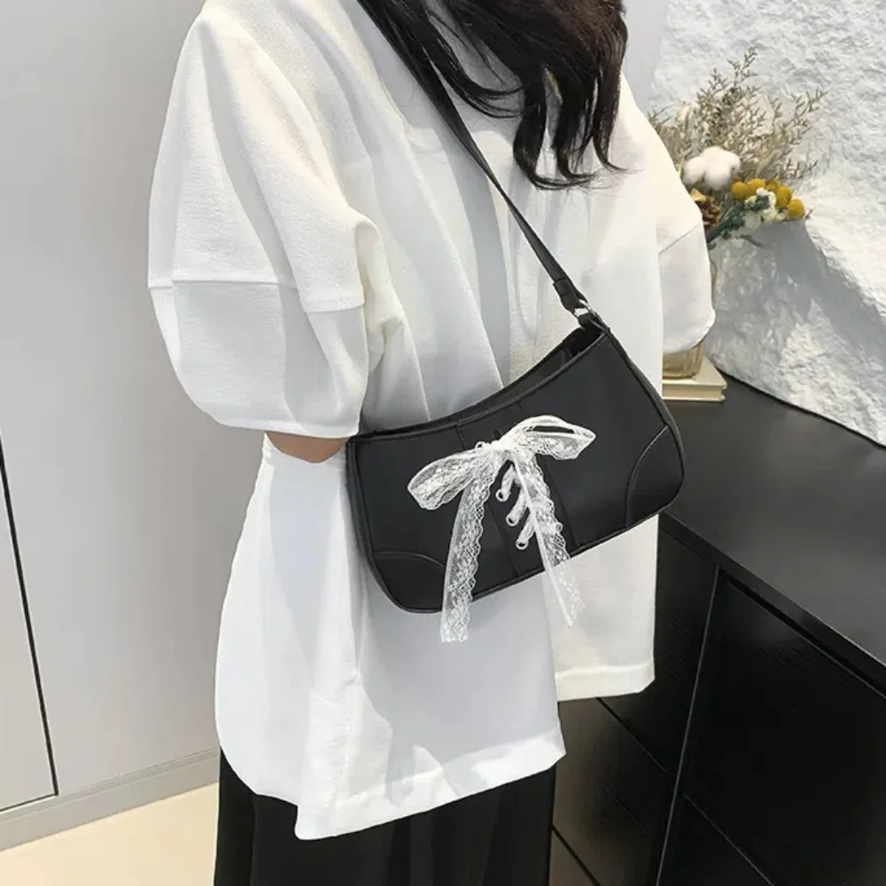 

Trendy Y2K Bow Shoulder Purse Large Capacity Korean Style PU Underarm Bag Solid Color Waterproof Texture Handbag Women