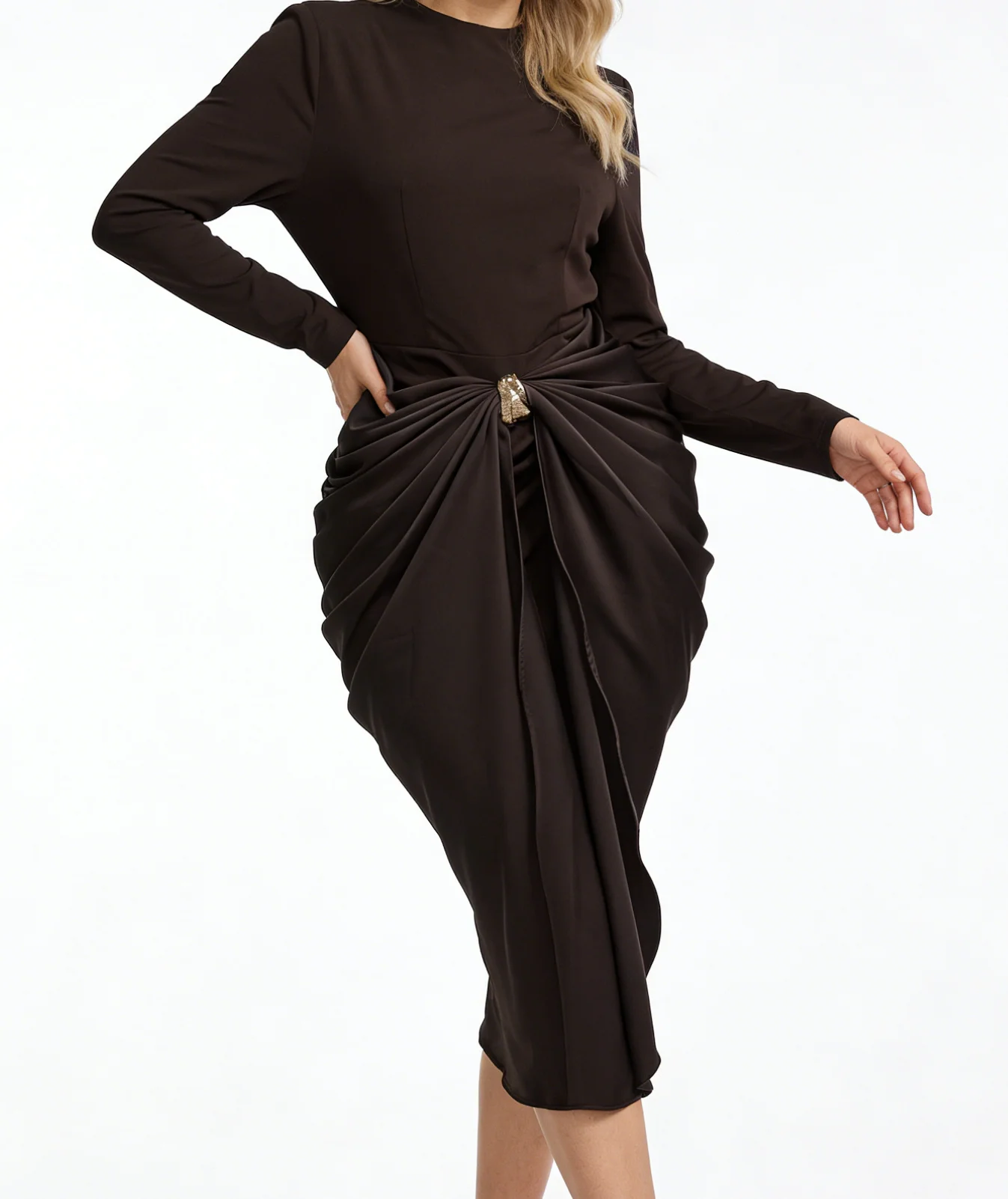 

2025 New Luxury Women's Irregular Hem Dress, Round Neck, Long Sleeves, Metal Buckle, Elegant Evening Gown-GZXX396