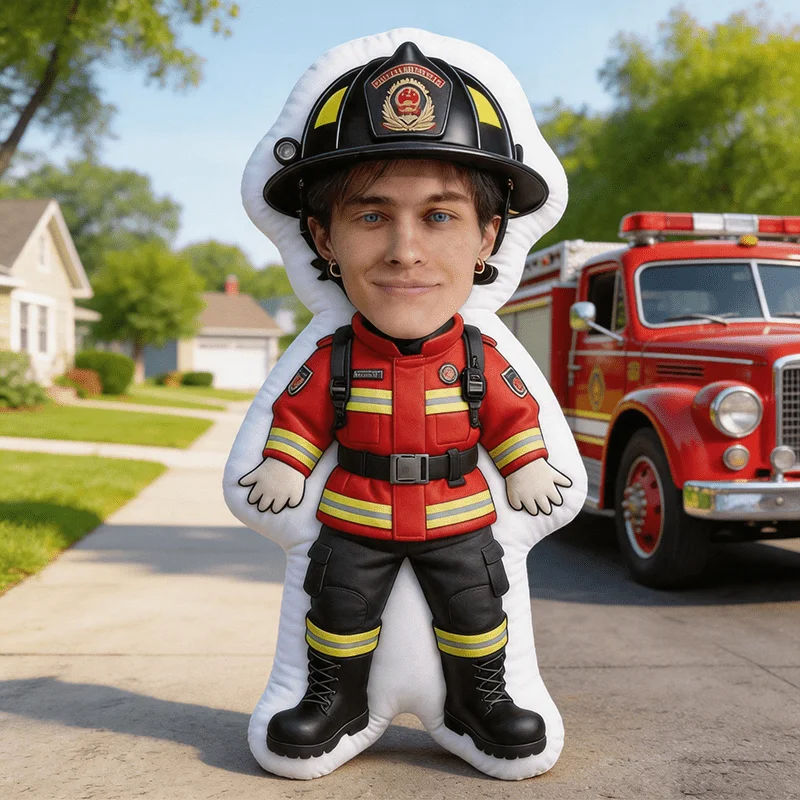 Custom Photo Firefighter Uniform Pillow Personalized Red Black Shaped Decor Cushion Double Sided Print Gift for Home