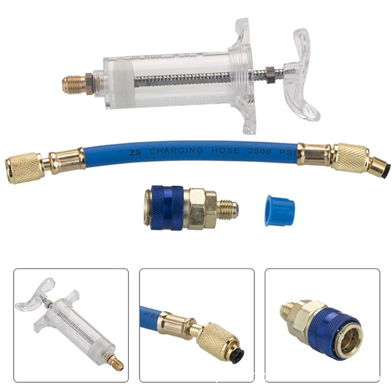 

Автомобильный инжектор масла/крашивания кондиционера, 30 мл, 1 унция, с низкосторонним адаптером быстрого соединения, 1/4, шприц для автомобильной масленки для кондиционирования воздуха