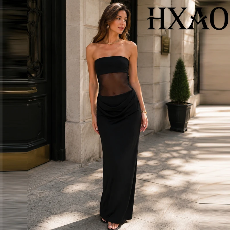 HXAO Trägerlose lange Kleider für Damen, Korsett, halbtransparentes Tüllkleid, schwarzes Kleid, Sommerkleid mit Rüschen, Partykleider, rückenfreies Schlauchkleid