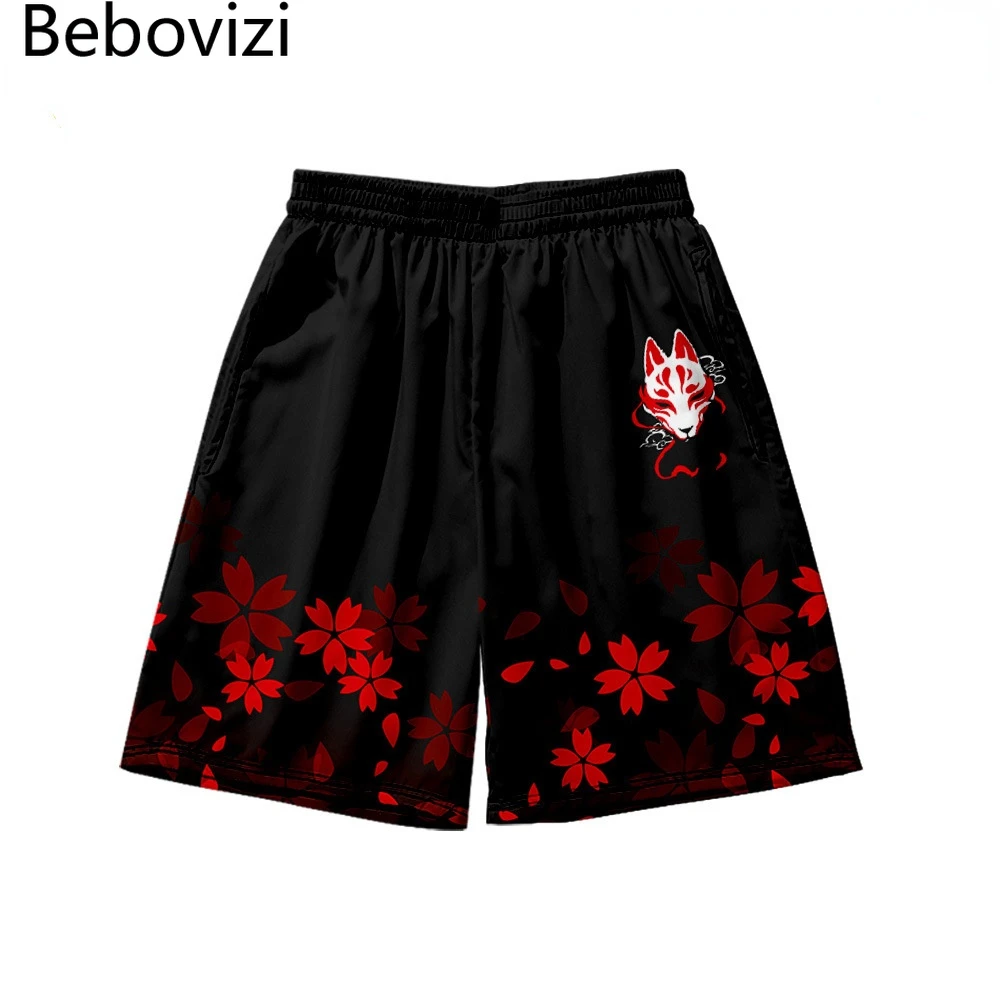 Summer Japanese Style Fox Print Male Streetwear Beach Shorts Casual Loose Men Women Anime Elastic Waist Black Shorts Plus Size