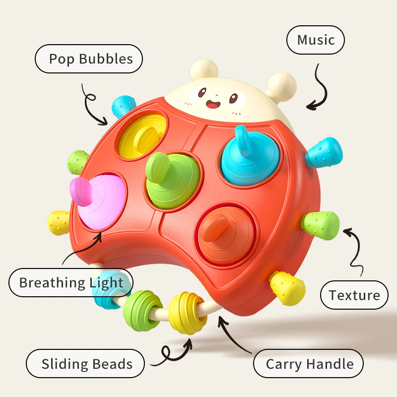 Ladybug baby glowing toy with rattle, LED lights and music, interactive educational toy for fine motor development