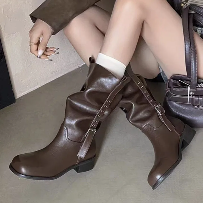 

Женские сапоги до середины икры на среднем каблуке, модная классическая женская обувь с пряжкой, зимние туфли-лодочки 2025 года, новые тренды, короткие сапоги Zapatillas De Mujer