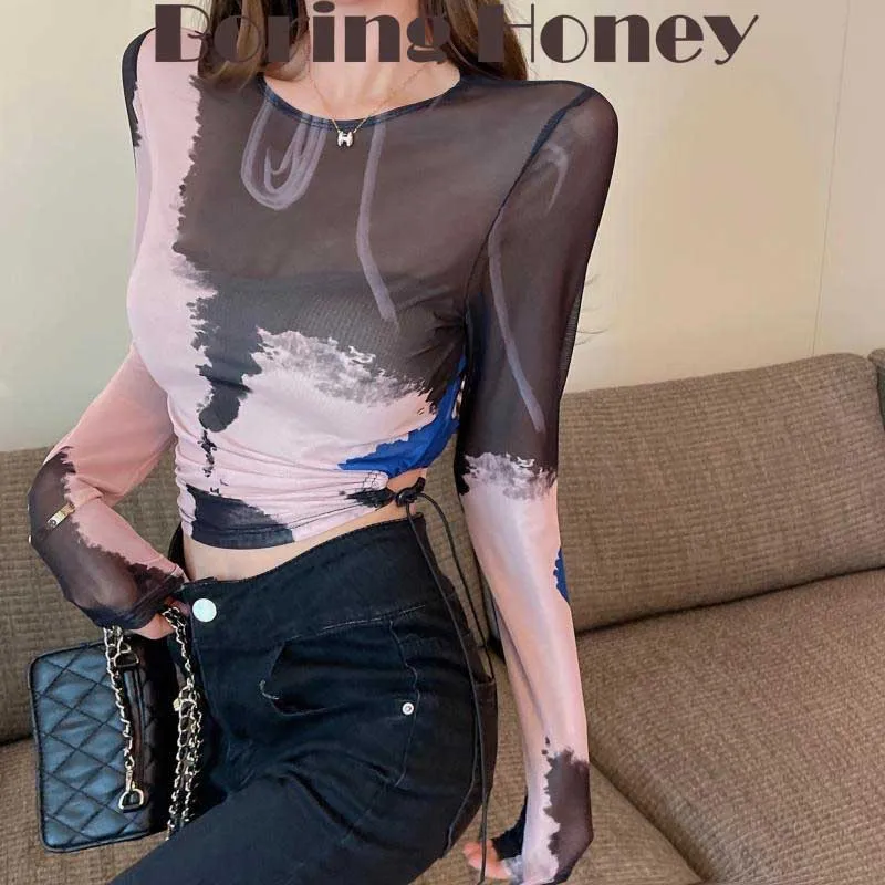 

Boring Honey Y2k Women's Clothing Summer Tie-Dye Long-Sleeves Blouses And Shirts Mesh Garment Sunscreen Clothing Drawstring Tops