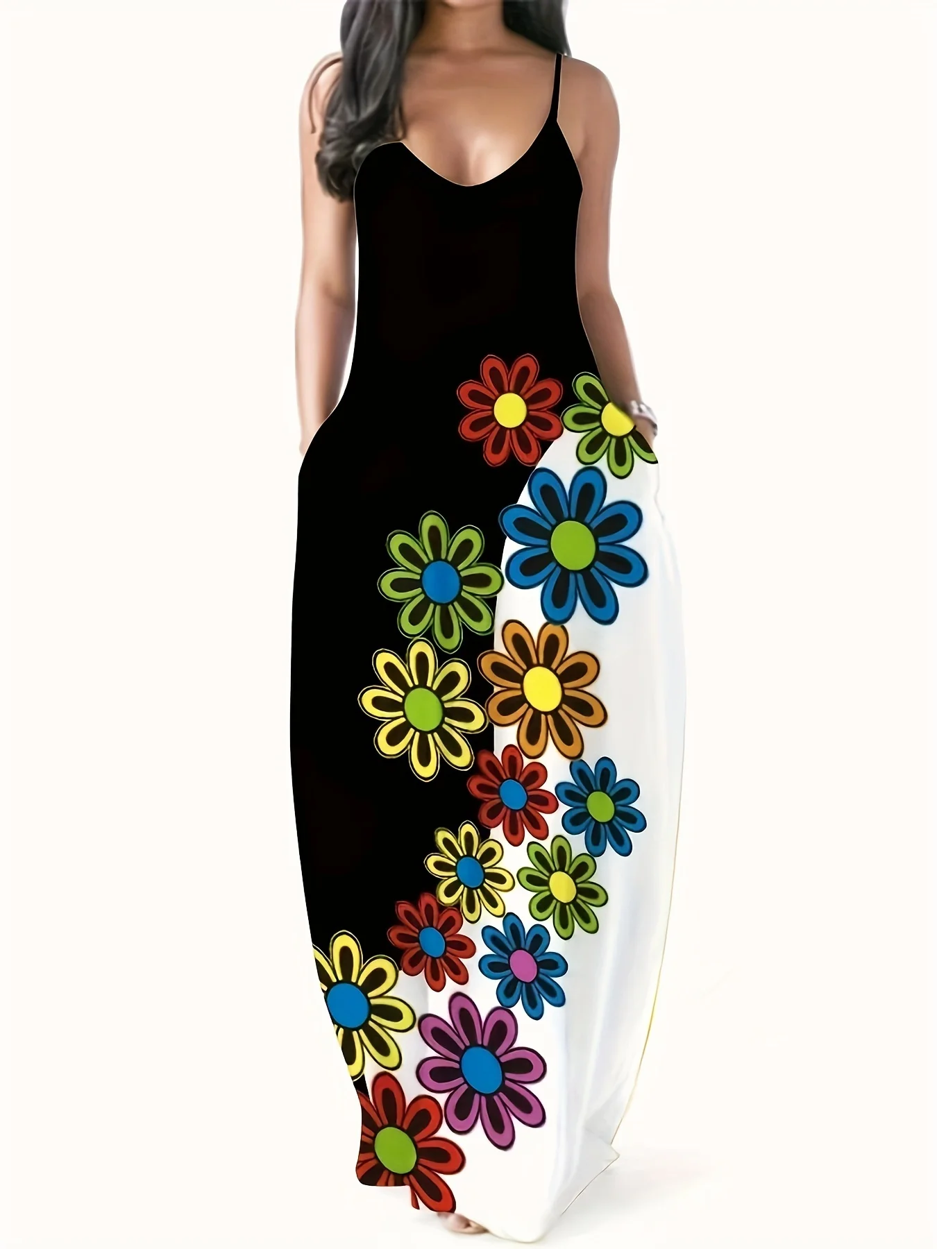 

Summer new colorful floral print camisole long dress with contrasting color design, loose casual vacation style dress