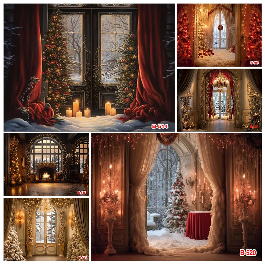 

Christmas Photography Background Custom Xmas Trees Fireplace Bear Gifts Decor Backdrops Family Portrait Photo Studio Prop