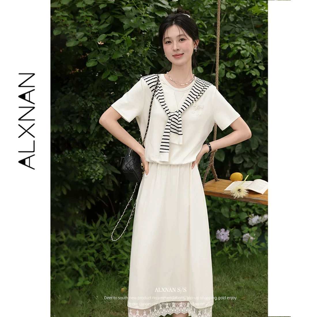 

ALXNAN Women's T-shirt 2026 Summer New Bow Design Loose Fit Cotton Short Sleeve Tops Elegant Casual Office Lady T-shirts L560105