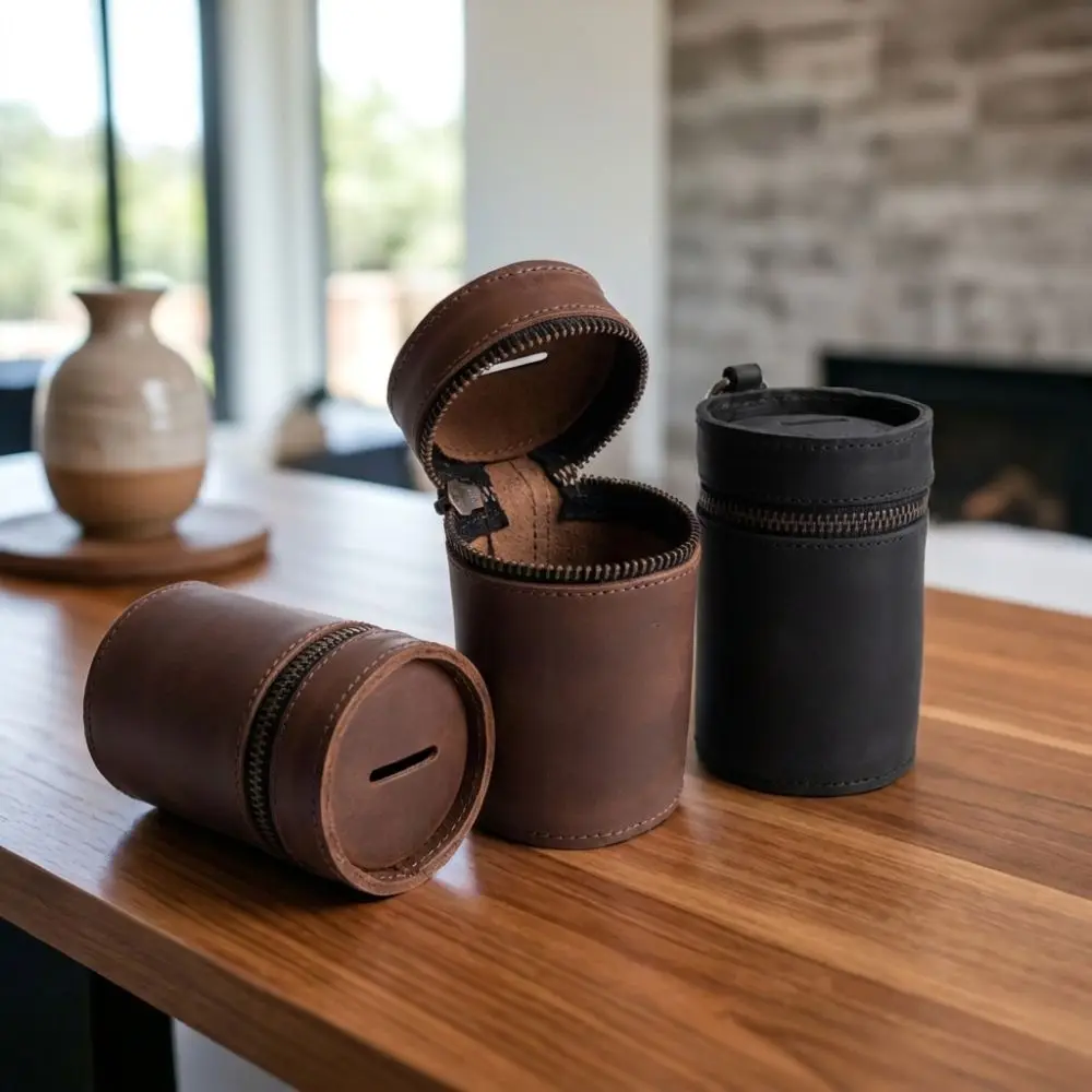 PU Leather Coin Storage Bank Handmade Cylindrical Car Interior Piggy Bank with Clip Portable Money Clip for Home Travel