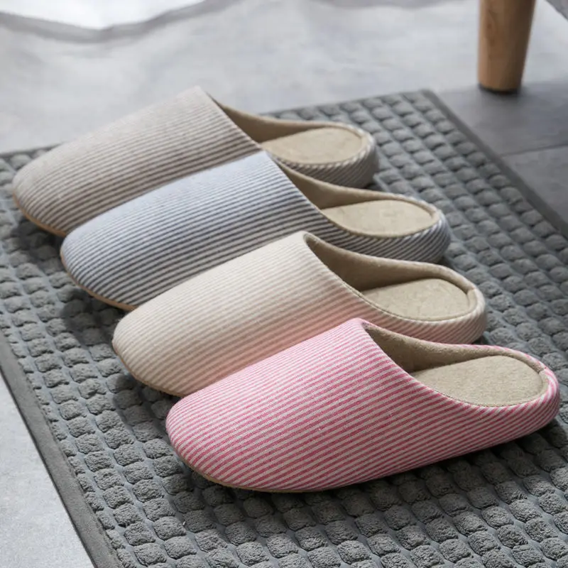 Striped Winter Home Plush Slippers Women Autumn Soft Warm Cotton Shoes Non-slip Men Slides House Indoor Flat Bedroom Hotel Shoes