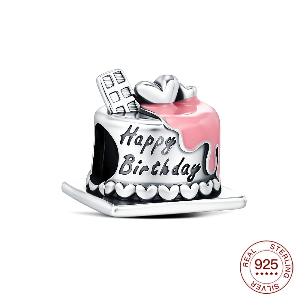 

New 925 Sterling Silver Charms Happy Birthday Cake Beads For Original Bracelet DIY Jewelry Holiday Decoration Lady Fashion Party