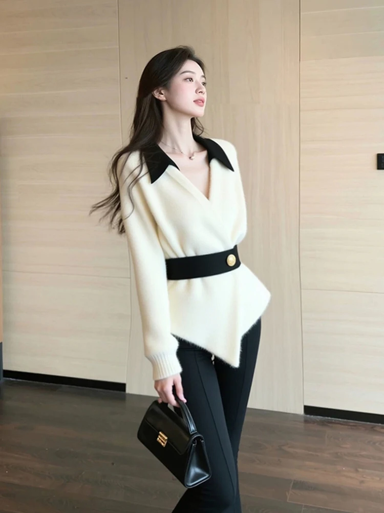 Ele Collar Color Blo Knitwear Long Sve Bequemer Damen-Irt-Sli Lazy Feel Winter Faion Commute Sle