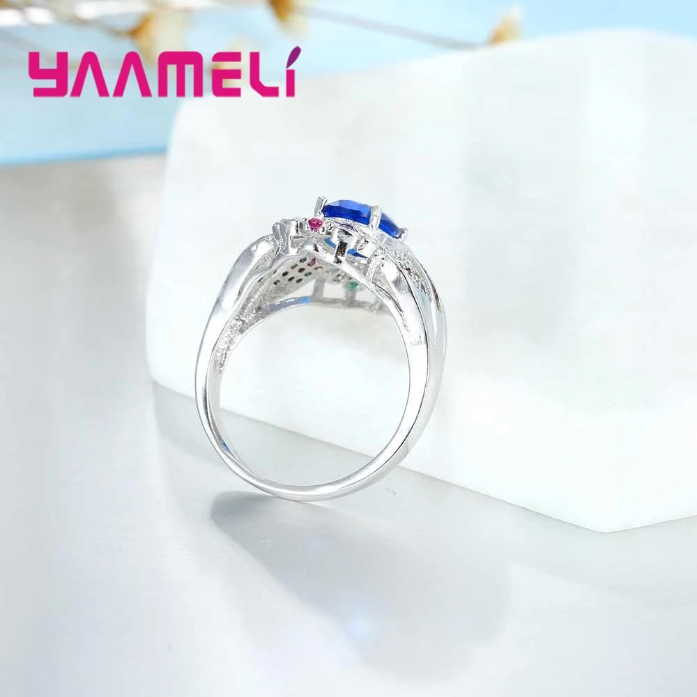 Luxury Elegant Blue Flowers Crystal Embellishment Stone Ring Party Accessories 925 Sterling Silver For Thanksgiving