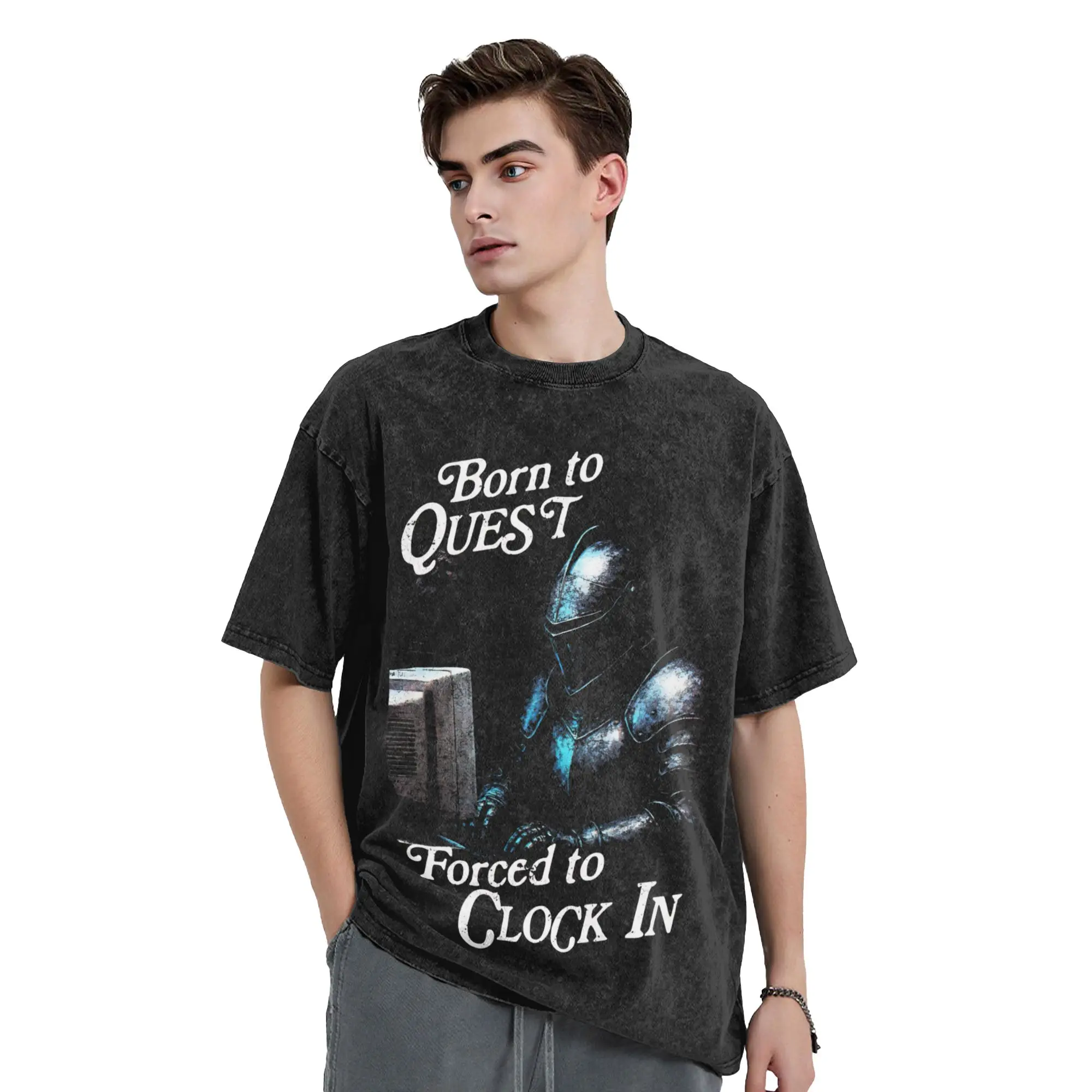 Vintage Born to Quest Forced to Clock In Vintage Washed T Shirt  Cotton Tops Casual Short Sleeve Round Neck Tees