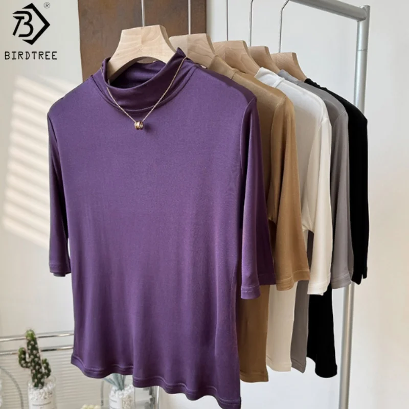 

Birdtree 100% Mulberry Silk T-shirt,Women Half Height O-neck Half Sleeves Solid Color Shirt,2025 Summer Autumn New T57024JF