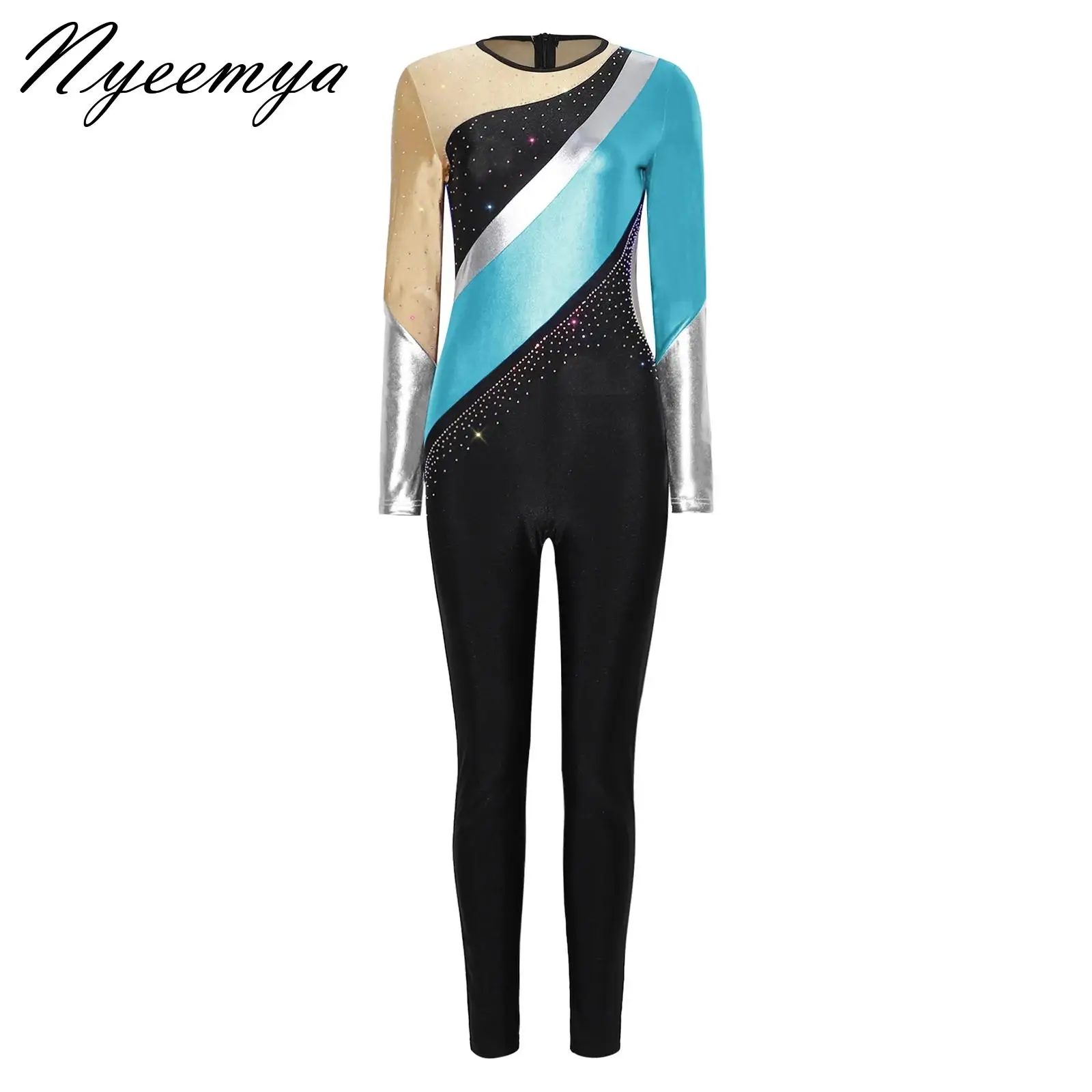 

Womens Long Sleeve Long Pants Figure Skating Full Bodysuit Jumpsuit Ballet Dance Gymnastics Leotard Rhinestones Unitard Costume