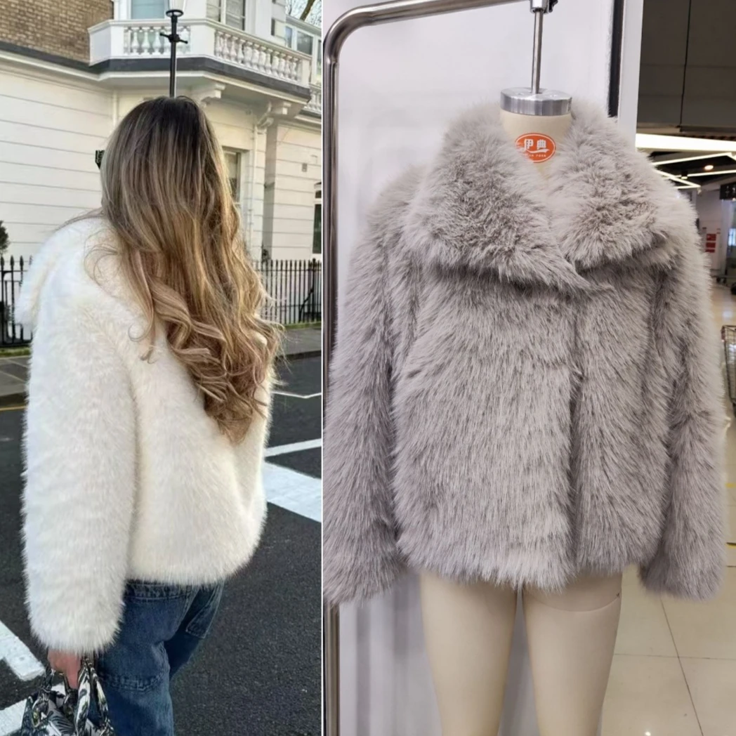Faux Fur Coats Women Thick Overcoat Warm Jackets Flare Sleeve Mid Length Open Stitch Loose 2025 Autumn Winter Furry Outerwear