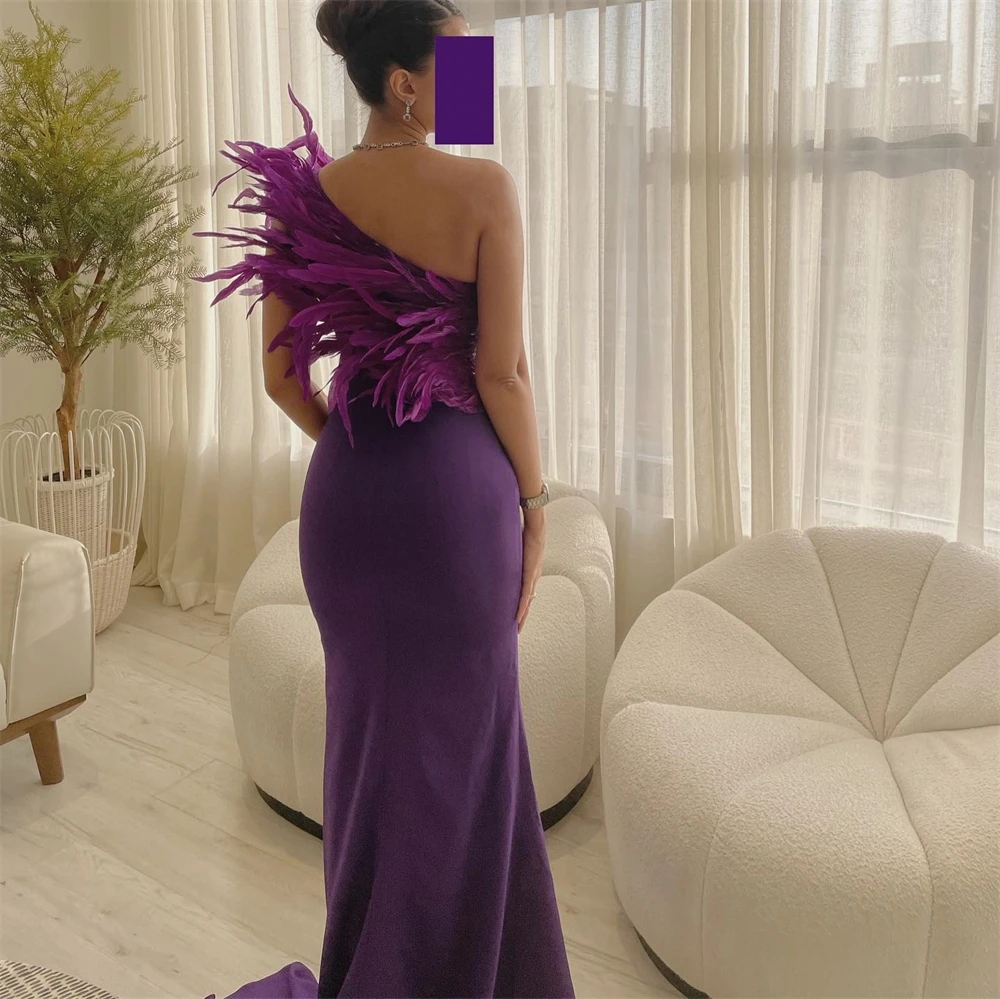 Customized Fashion One Shoulder Sheath Party Dress Floor Length Sleeveless Feathers Formal Evening Gowns 이브닝드레스 فستان سهره