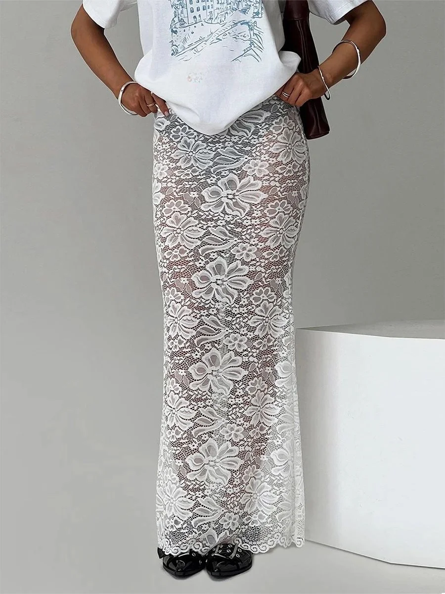 

Сексуальная кружевная прозрачная юбка длиной с высокой талией, прямой крой, свободная посадка из тонкого материала, однотонная длинная юбка для молодых женщин