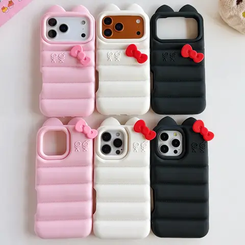 Cute Kitty Cat Down Jacket Bowknot Soft Silicone Phone Case for Apple iPhone 13 14 15 16 17 Pro Max the Puffer Shockproof Cover