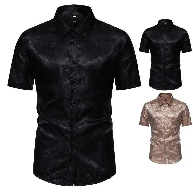 

Shirt European Summer New Men's With Cashew Nut Print Bright Face Performance Dress Collar Men's Short Sleeve Shirt